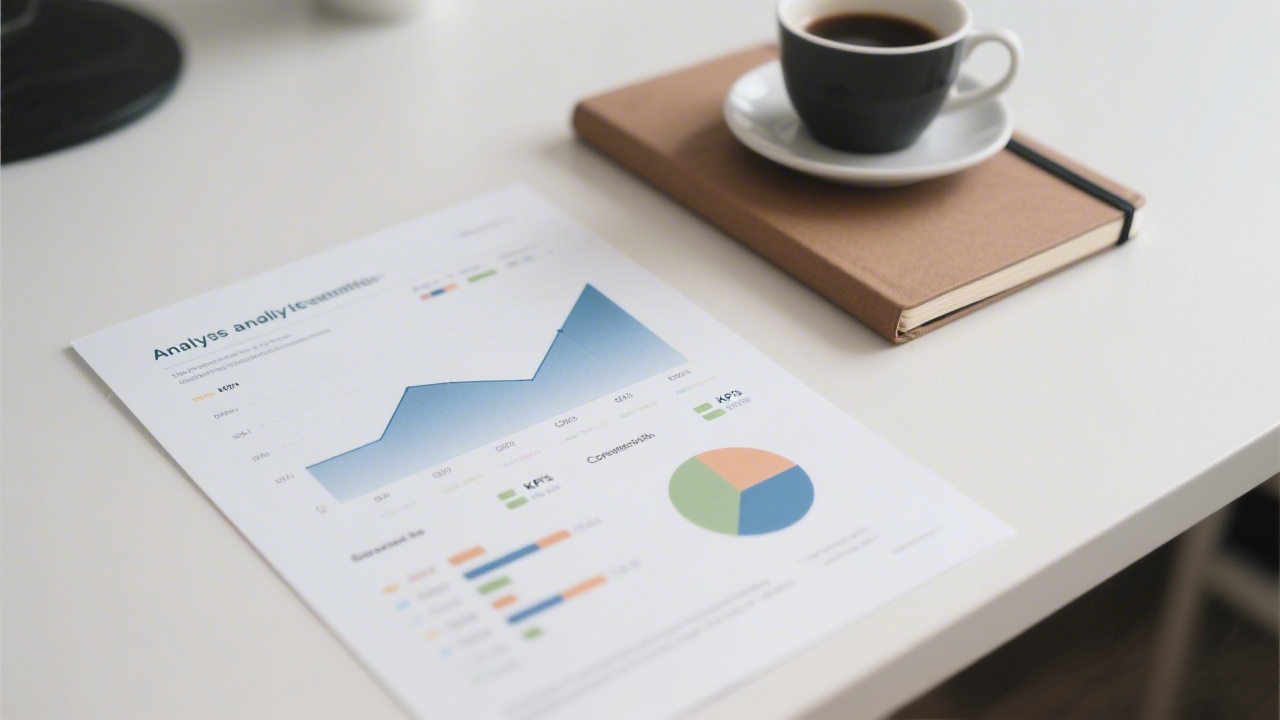 Close-up of a printed analytics report with charts, KPIs, and conversion metrics, placed beside a notebook and coffee on a clean desk.