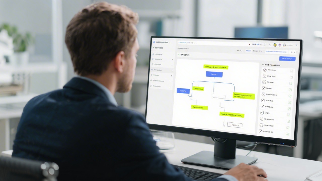 Consultant reviewing PPC account structure on a monitor, with a checklist and highlighted issues, indicating a thorough audit process.