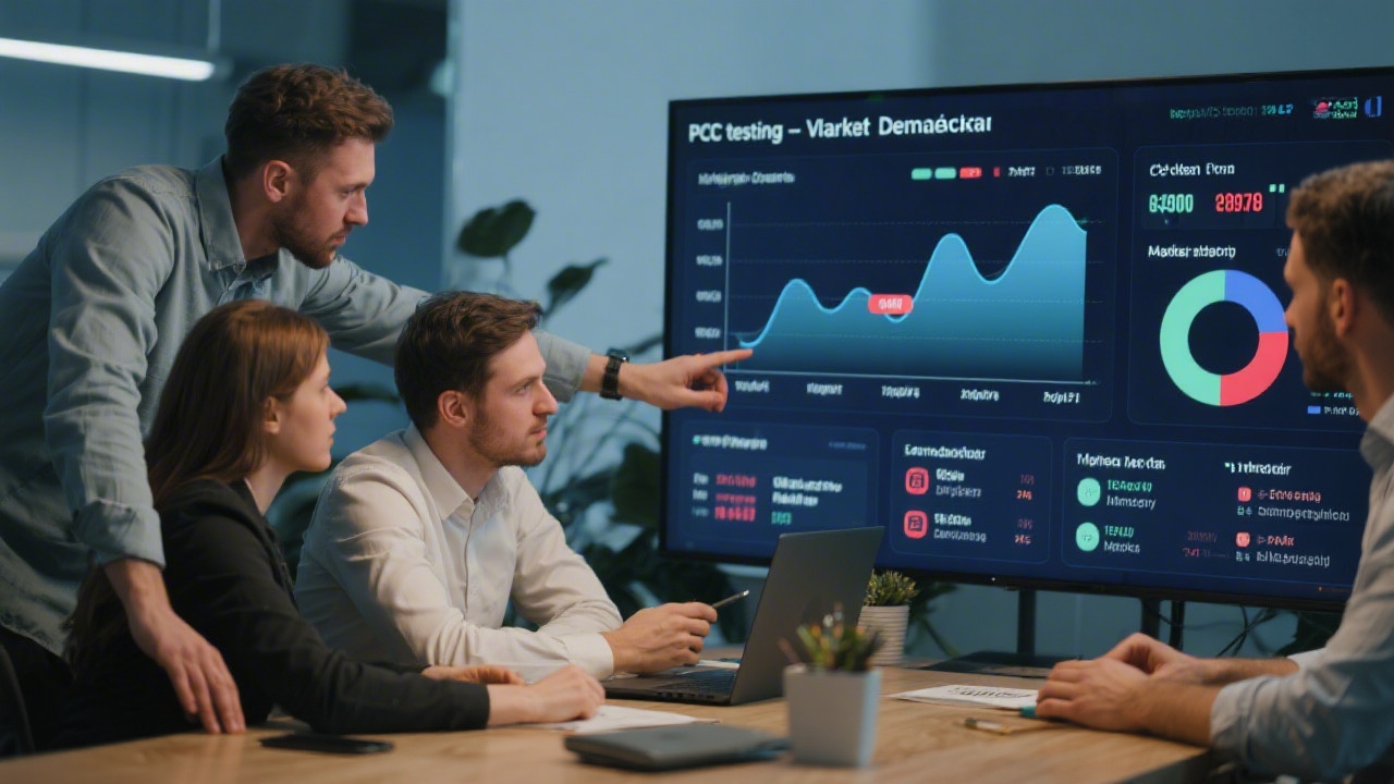 Team analyzing market demand charts and customer insights on a large screen, emphasizing data-driven decision making for PPC testing in the Czech market.