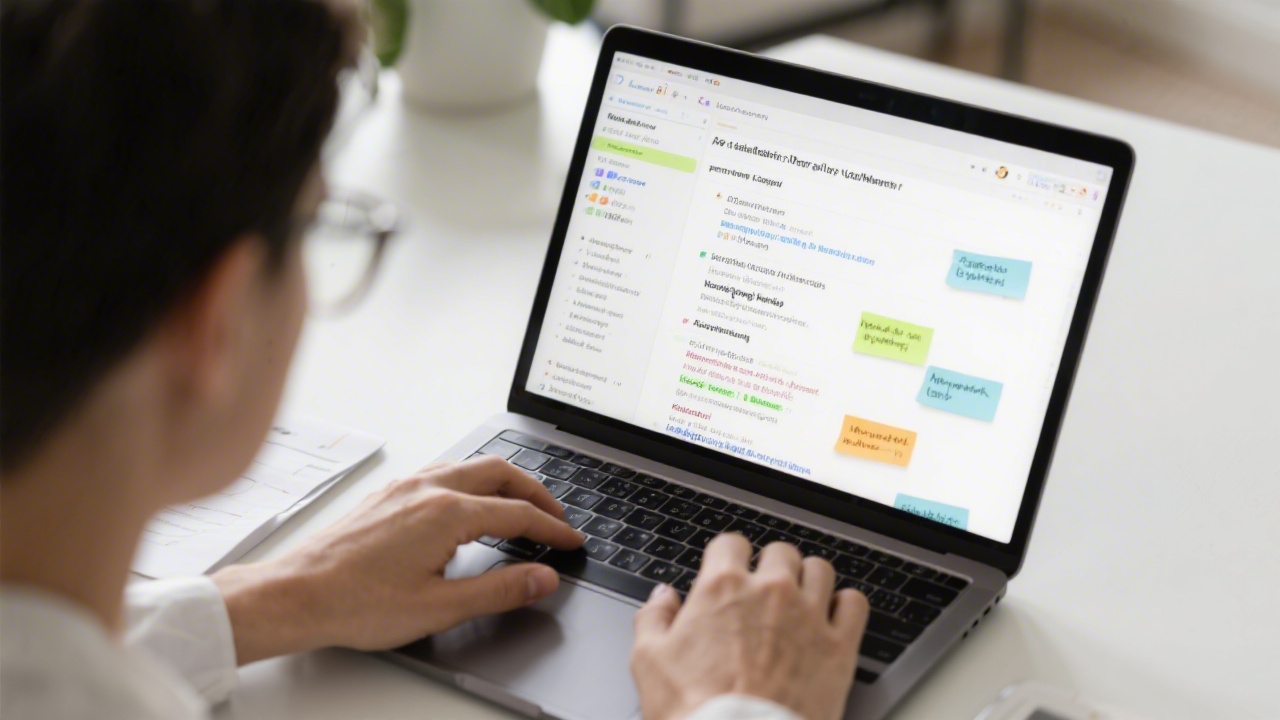 Marketing specialist adjusting ad copy and keywords on a laptop, with notes about performance improvements, showing ongoing optimization work.
