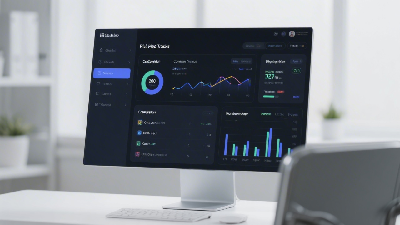 Detailed PPC dashboard with conversion tracking, cost per lead, and keyword performance, displayed on a professional monitor in a minimalistic office.