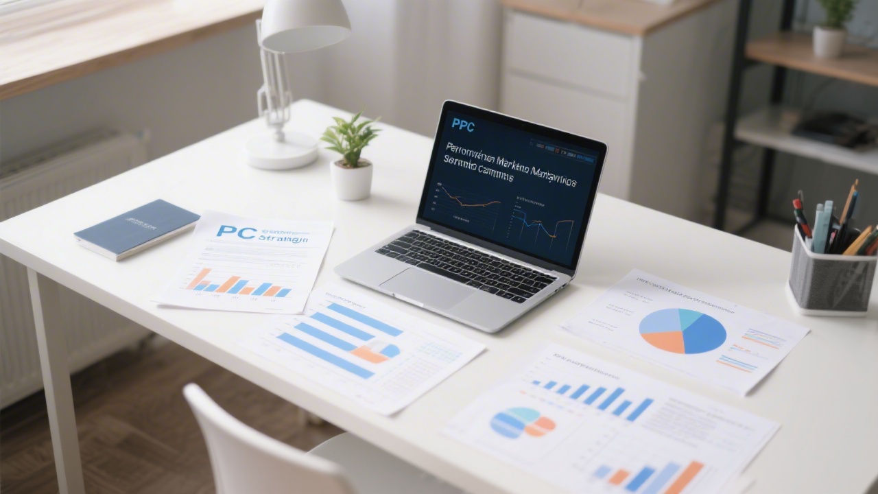 Clean workspace with PPC strategy documents, charts, and a laptop, reflecting a structured service offering for performance marketing campaigns.