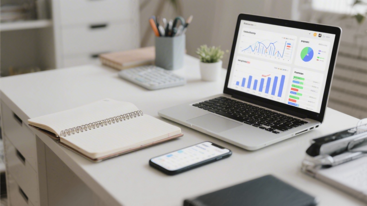 Marketing tools on a desk including a laptop with analytics, notebook, and smartphone, showing a practical setup used for managing PPC campaigns.